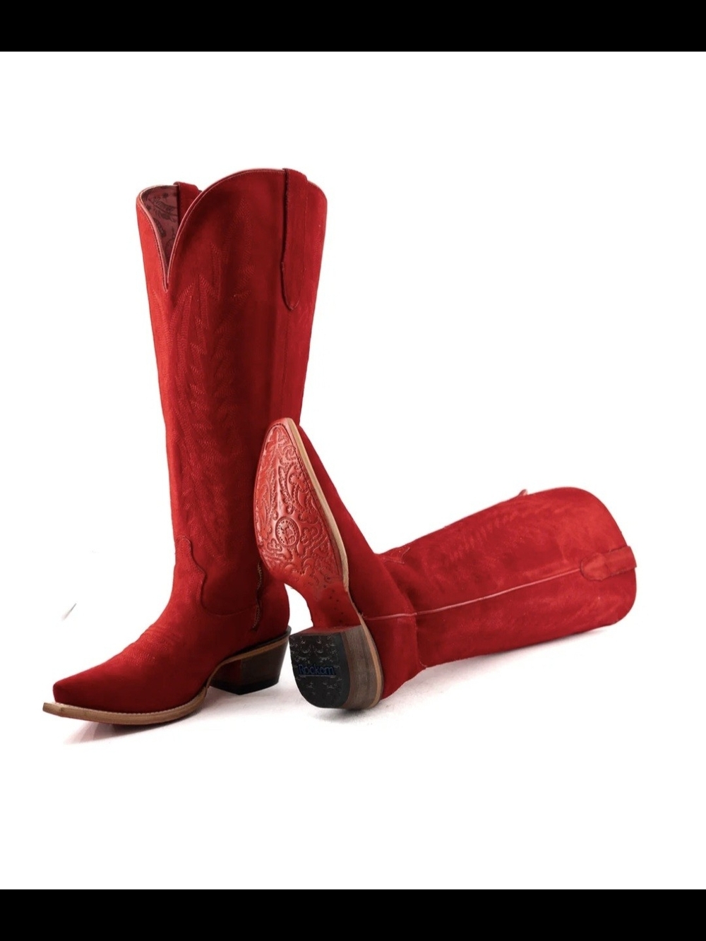 Presley Suede Tall Red Bottom Wide Calf Snip Toe Cowgirl Boot